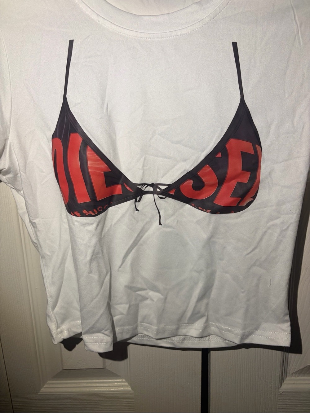 Diesel White Crop Tee with Red Bikini Graphic - Picture 2 of 3